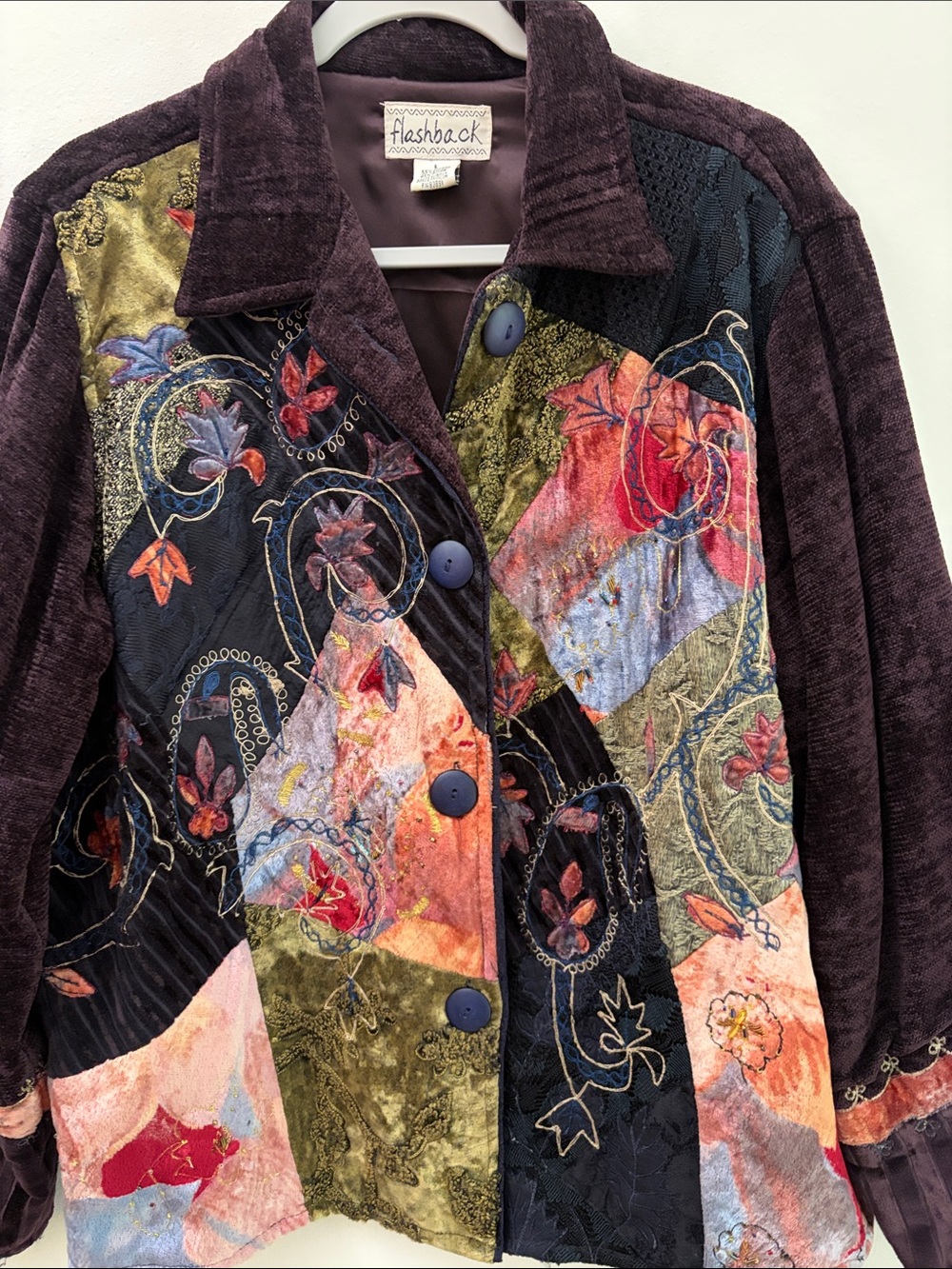 Flashback Boho Hippie Patchwork Velvet Button-Front Jacket Size Large 55% Cotton - Picture 3 of 14